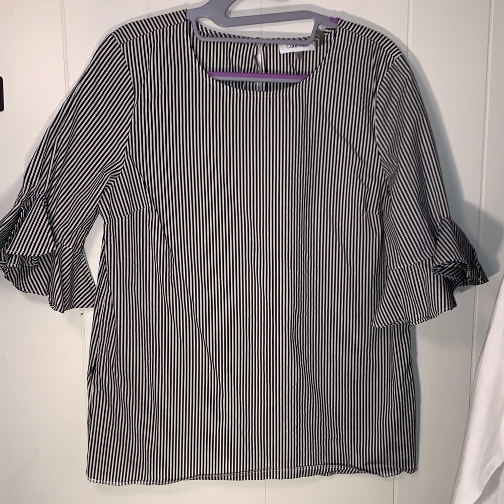 Calvin Klein Black and White Striped poplin bell sleeve Blouse